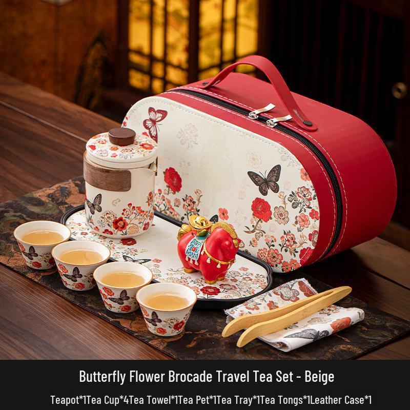 Ceramic Tea Set with Butterfly & Auspicious Horse Design