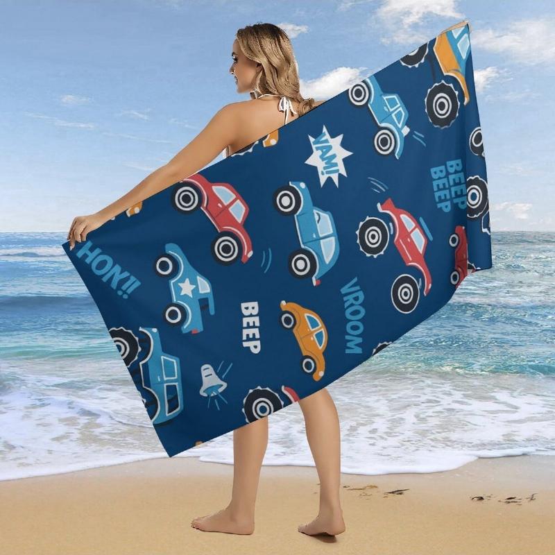 

Large Car-Themed Beach Towel with Racing Cars & Vroom! Print - Super Absorbent Quick-Dry Microfiber Sport Towel for Swimming W40*H60(CM)