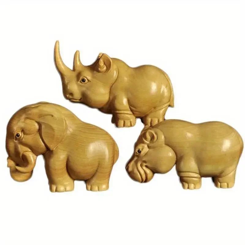 Home Decoration Accessories Supplies Sculptures and Figurines Cute Wood Carving Animals Statue Ornaments Desk Accessories