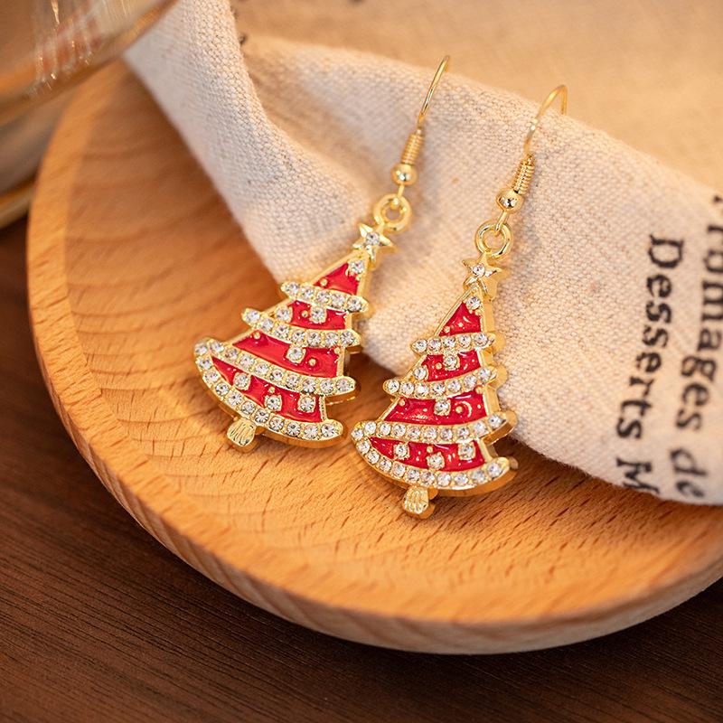 Trendy European Rhinestone Christmas Tree Earrings for Women красный