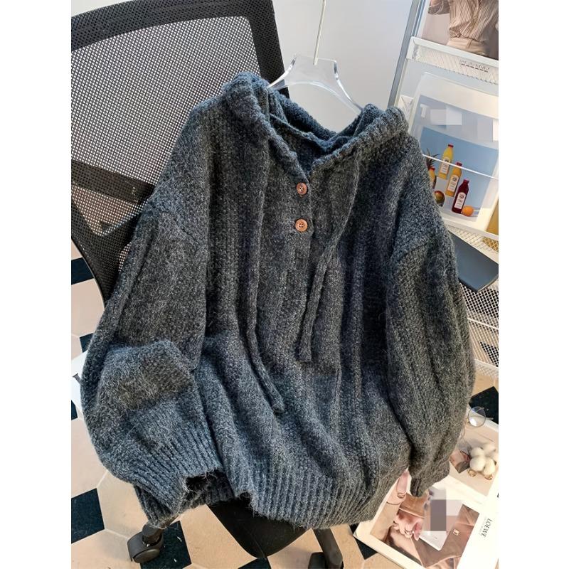 Korean Knitted Hooded Sweater Women Fall Winter Long Sleeved Warm Buttons Loose Pullover Solid Harajuku Lazy Sprots Sweatshirt