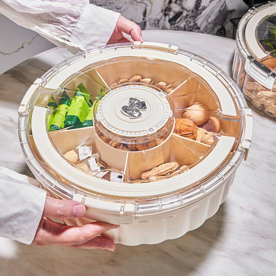 Dry Fruit Plate Rotating Snack Tray with Lid Handle 6-Compartment Divided Serving Platter Indoor Outdoor Dishwasher Safe Snack Server