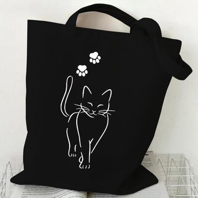 Fashion Canvas Tote Bag Cup of Black Cat Print Large Capacity Teen Shoulder Shopping Bag Cartoon Fashion Kitten Women's Handbags