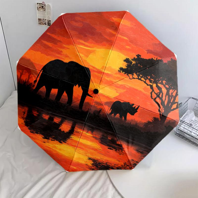 Animals and Sunset Pattern, Automatic Folding Umbrella, Portable and Foldable Design, 8 Ribs, a Christmas or Birthday Gift.