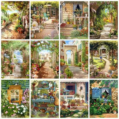 Pintura Diamante 5D Cuadrada Redonda Completa Puerta Jardín Decoración Hogar Bordado Mosaico Paisaje Arte de Pared