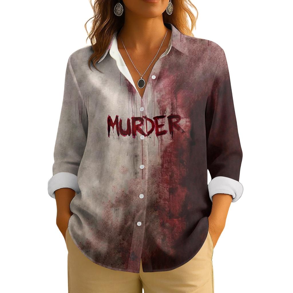Women's Retro Halloween Printed Button Up Long Sleeved Casual Regular Shirt Collar Top