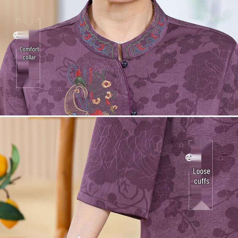 Datang Furen Embroidered Stand Collar 3/4 Sleeve Shirt for Elderly Women