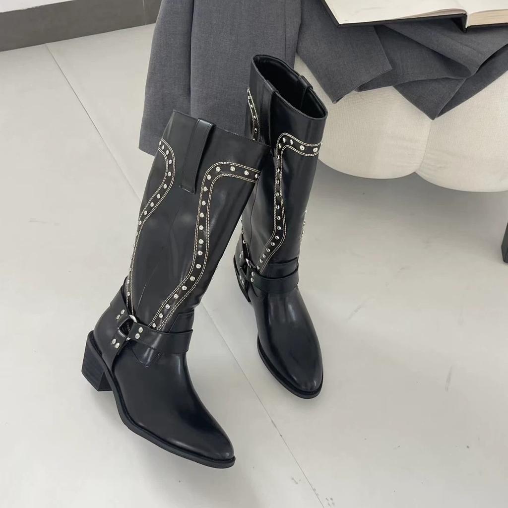 Retro brown boots children's 2025 new autumn and winter knee high boots rivet western knight boots