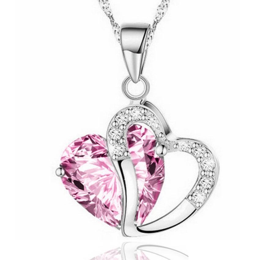 Korean Style Silver Zircon Heart Pendant Necklace with Crystal Clavicle and Sweater Chains