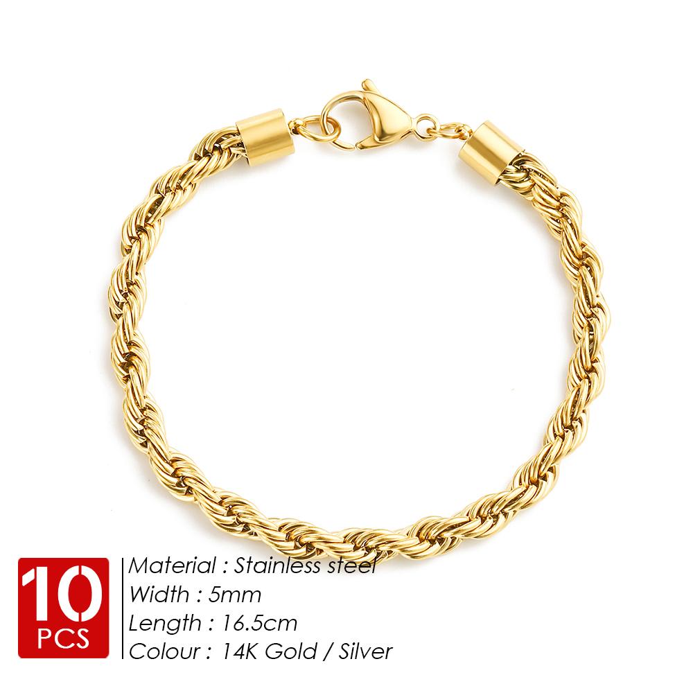 EMANCO 10PCS Wholesale 2/3/4/5MM Gold Color Twisted Rope Chain Bracelet, Stainless Steel Hip Hop Punk Fashion Jewelry for Women