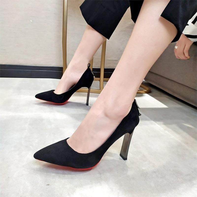 

Весенние новые туфли-лодочки с острым носком из замши, женские туфли на тонком толстом каблуке, туфли на высоком каблуке, женская обувь 34 чёрный