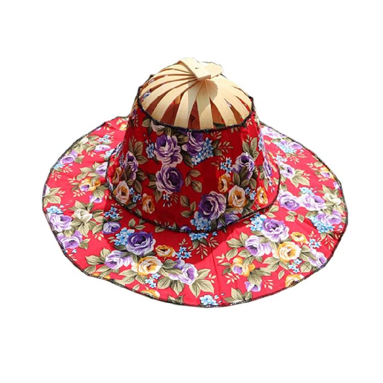 Foldable Hand Fan Sun Hat 2 In 1 Chinese Style Portable Floral Printed Handheld Fan Beach Cap Bamboo Hat