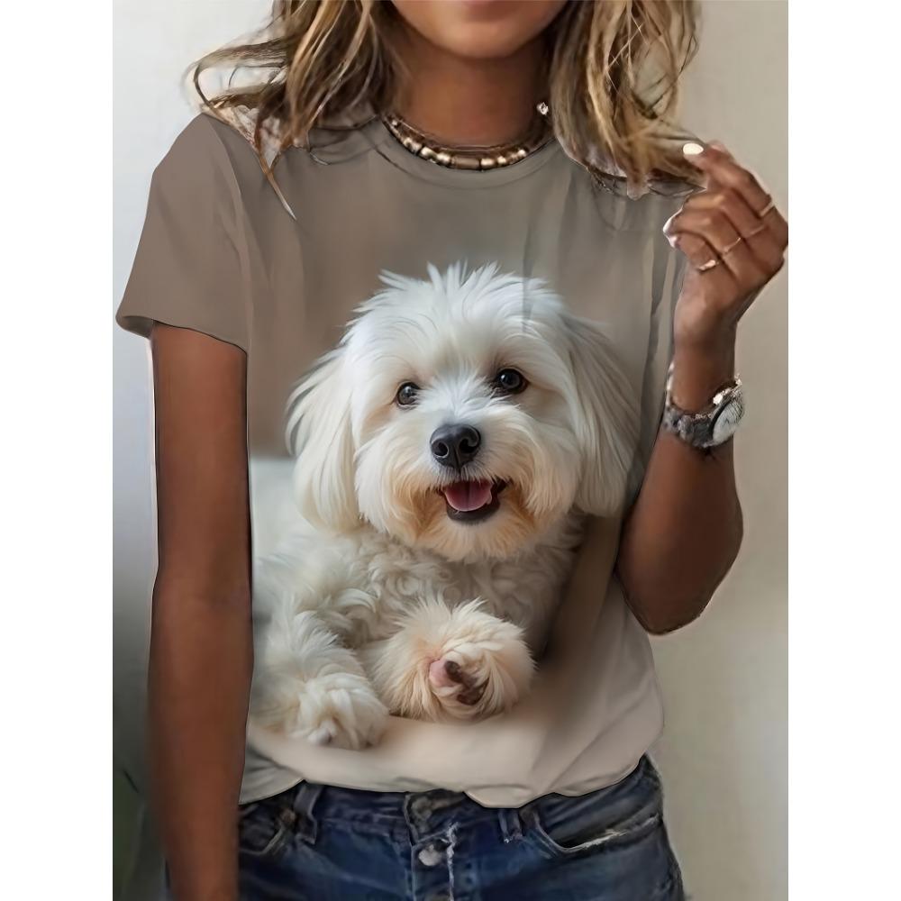 Smiling Little White Dog Printed Short Sleeve T-Shirt, Women'S Fashion Top, Women'S Summer Round Neck T-Shirt