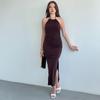 2025 Women's Autumn Solid Sleeveless Backless Slit Bodycon Dress