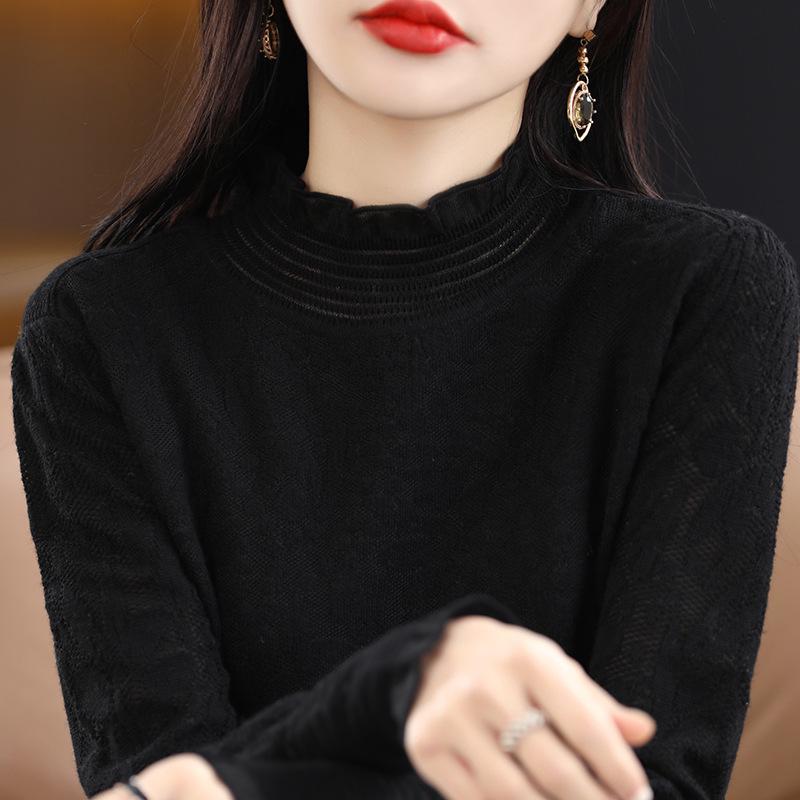 Women's Spring-Summer Chiffon Knit Top with Lace & Mesh Half-High Collar