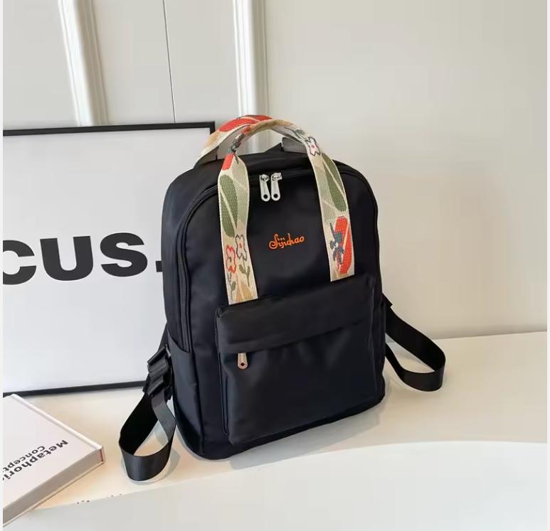 Nylon Fabric Fashion Backpack For Women Floral Hand Strap Pure Color Large Capacity Travel Bag Multi-pocket School Book Rucksack