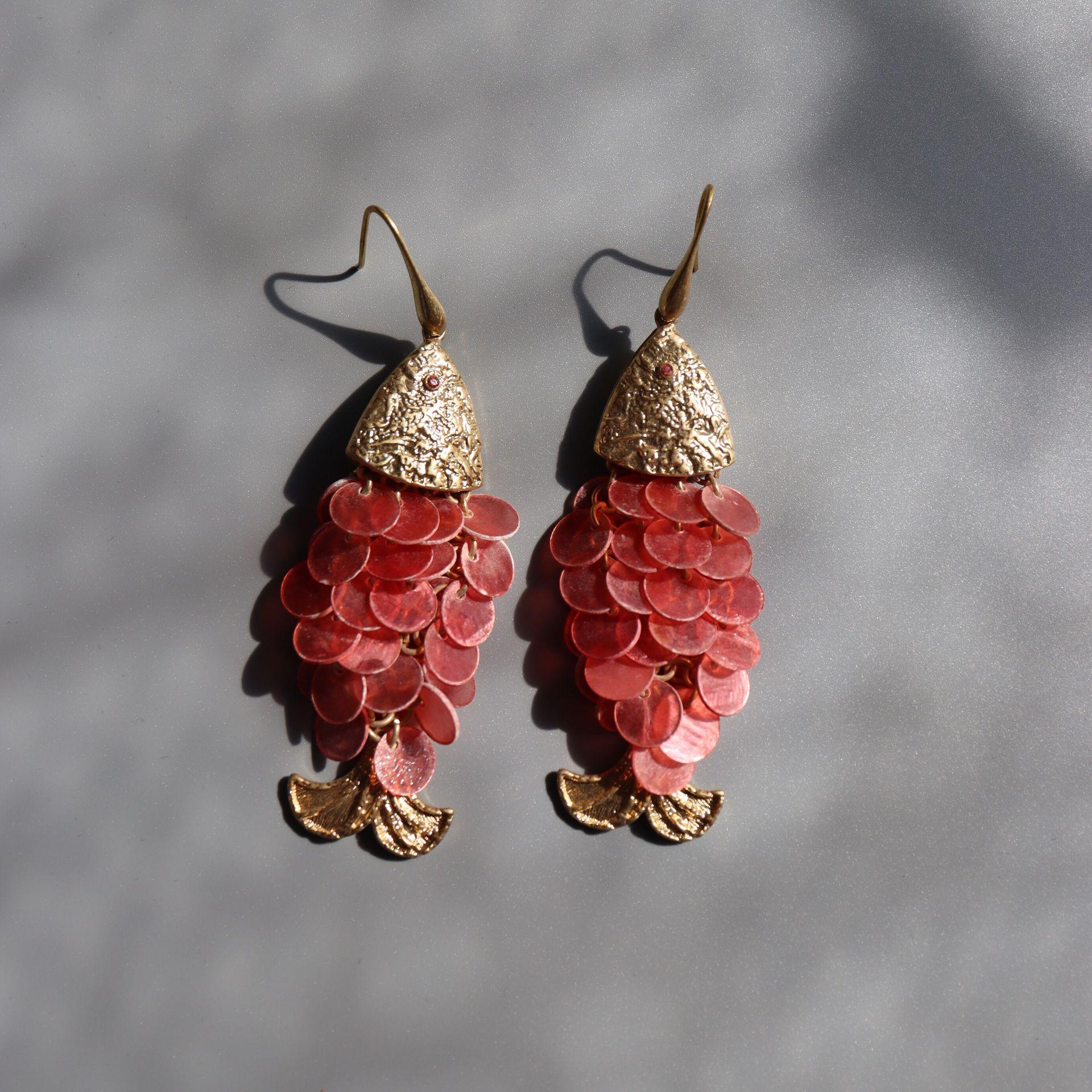 Европейский и американский стиль средневековый винтажный латунированные настоящим золотом ретро рыба преувеличенные серьги серьги-чешуя рыбы нишевая мода