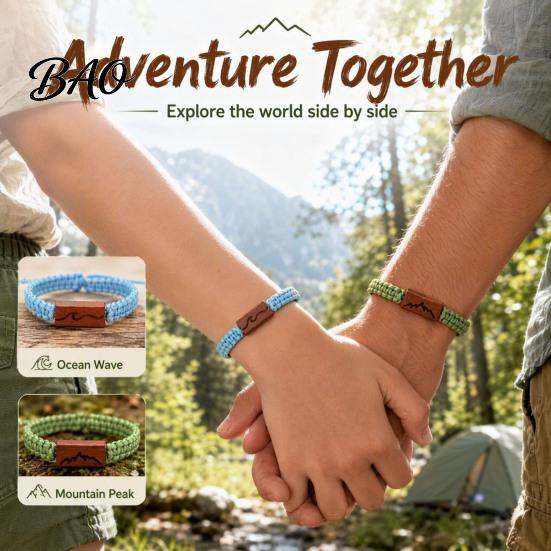 Durable Wear Resistant String Wristband Adjustable Rope Bracelet with Wooden Charm, Ocean Wave/Mountain for Meaningful Gift Boyfriend Girlfriend Women