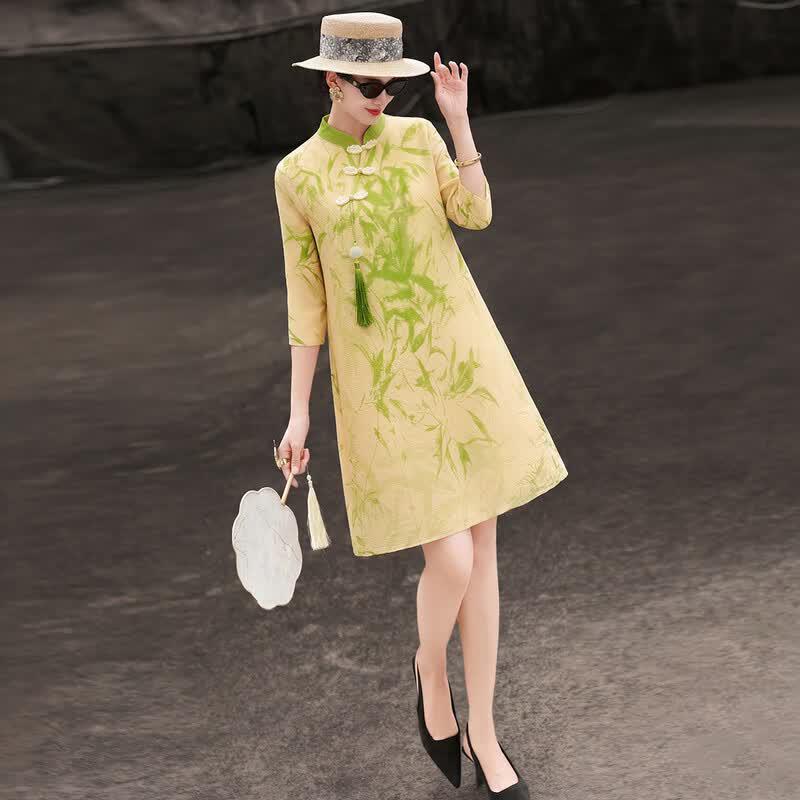 Summer New Chinese Style Bamboo Print A-Line Cheongsam Dress One Size