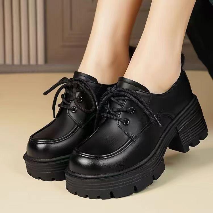 

Женские весенние лоферы на платформе со шнуровкой, черные, 2025 - Увеличивающие рост, милый корейский и британский повседневный стиль 37