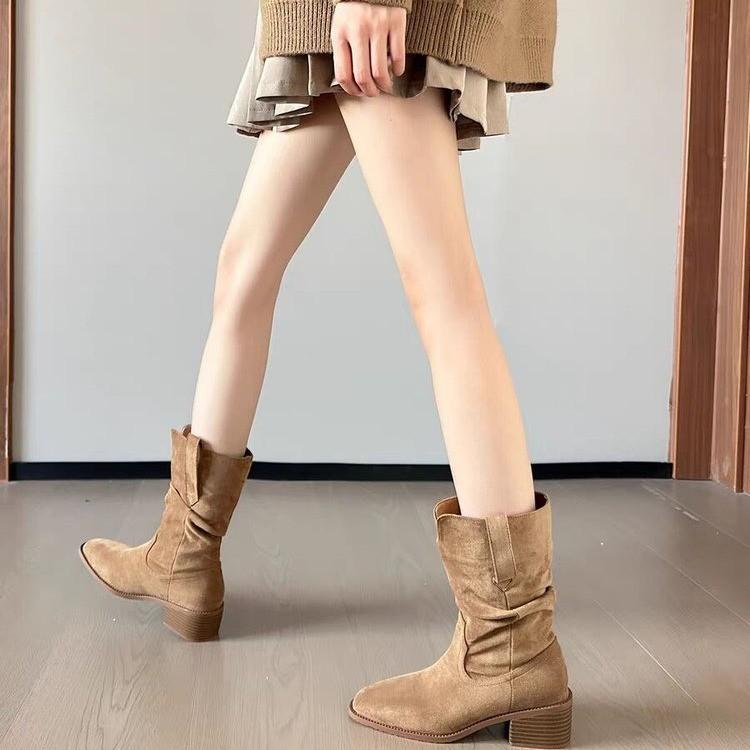 Soft Leather Version~ Western Cowboy Boots Straight Pleated Piled Boots Women's Thick Heel Thin Retro Suede Inner Short Boots