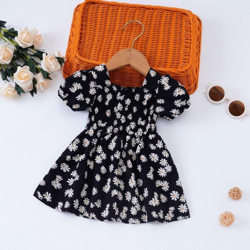Square Collar Summer Flower Dress Puff Sleeve Toddle Dress Baby Girls Princess Dress  Summer