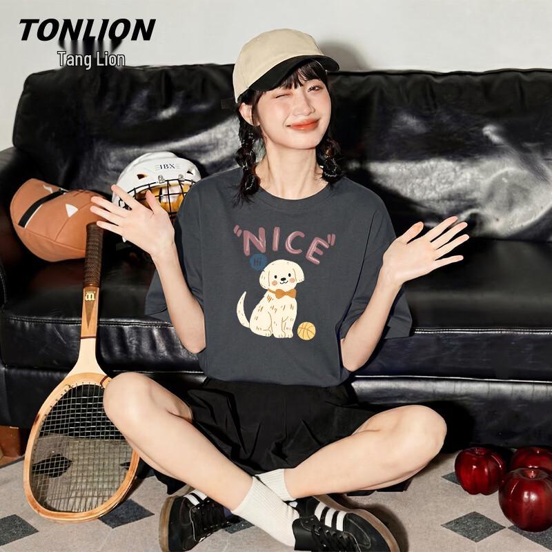 TonLion Women s Hello Puppy Print Pure Cotton Loose T-Shirt XL