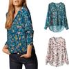 Women Autumn Retro Soft Cotton V Neck Long Sleeve Shirt Floral Print Top Blouse