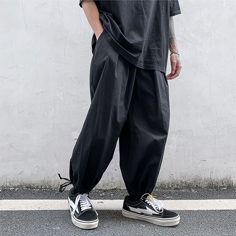Vintage Solid Color Loose Cotton Men's Cargo Pants Street Casual Drawstring Anklet All-match Casual Male Knickerbockers