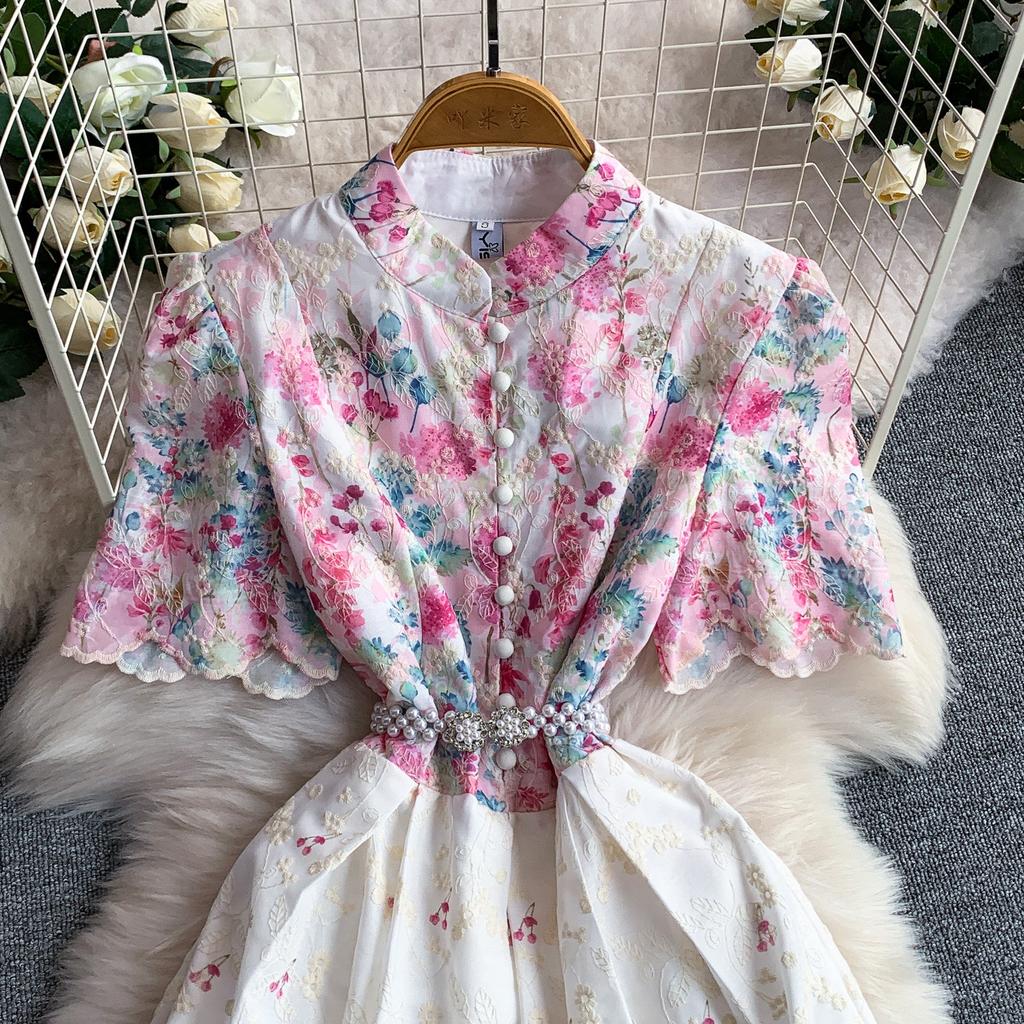 Elegant A-Line Dress for Women High-Quality Embroidery Flower Stand Collar Short Sleeve Fashion Runway Summer Dress Female 2026