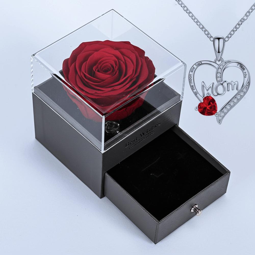 Romantic Heart Pendant Necklace with Artificial Rose Jewelry Gift Box Mother's Day Gift