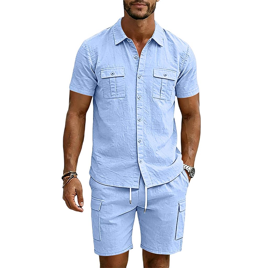 Men's Summer Linen Short Sleeve Shirt and Cargo Shorts Set Casual Lightweight Breathable Multi Pocket Two Piece Outfit