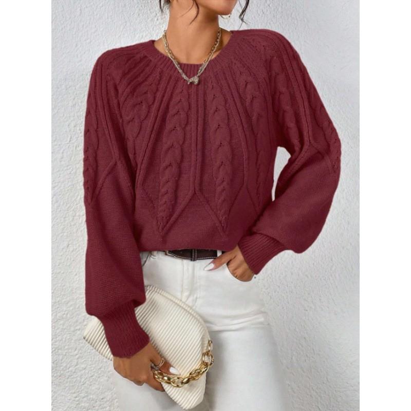 Womens Crew Neck Long Sleeve Knit Sweater Loose Fit Cable Solid Color Casual Winter Basic Top