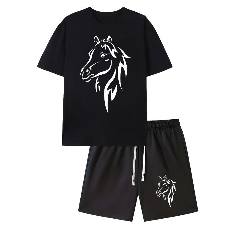 European Size Simple Horse Head Print Men's Short Sleeve T-Shirt and Drawstring Casual Sportswear , Suitable for Spring/Summer
