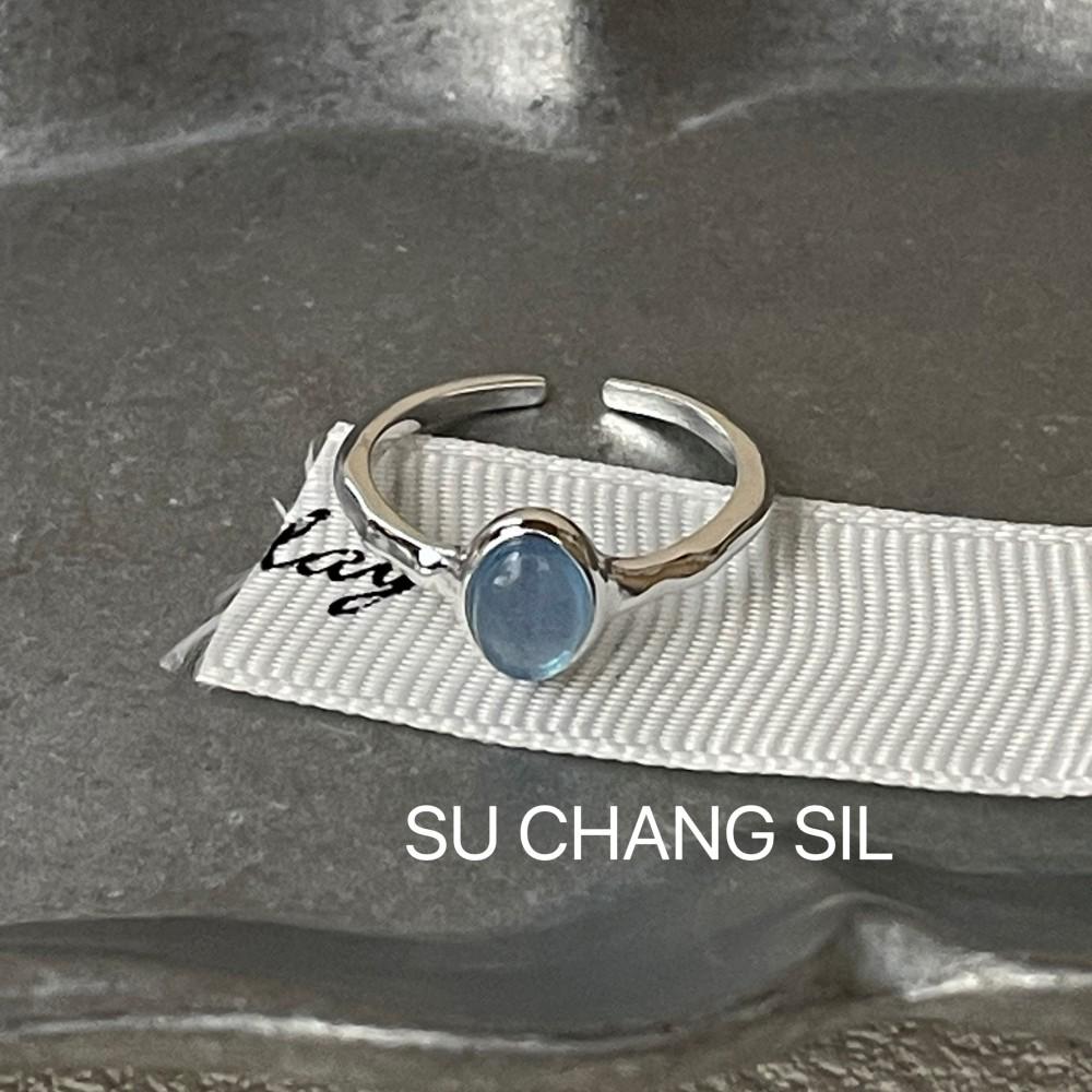 Su Chuang S925 Sterling Silver Aquamarine Oval Adjustable Ring - Niche Design, Versatile for Girls Open Adjustable