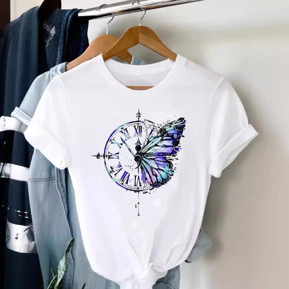 Sommar Rundhalsad Tryckt Topp Trendig Vardaglig Söt Kortärmad Dam Ren Bomull Ren Vit T-shirts