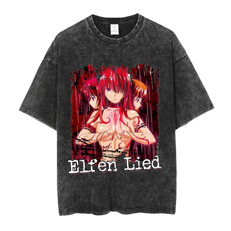 Elfen Lied Lucy Manga Graphic T-shirt Vintage Washed Oversized T Shirt Men's Women's Clothing Pure Cotton