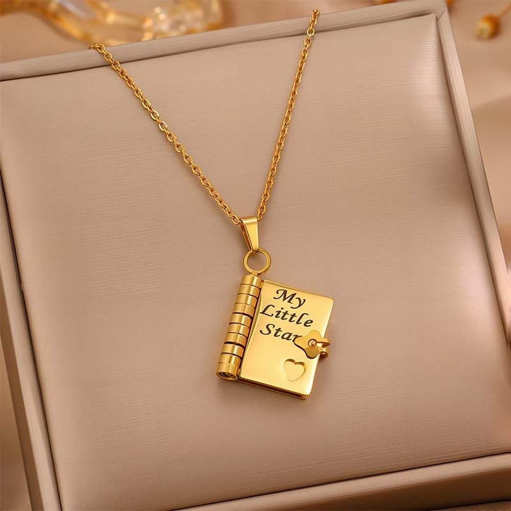 Titanium Steel Book Necklace for Daughter Heart Handmade Opening Book Pendant Stainless Steel Engraved Words Girls Text Locket