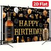 Bannière plate 2D, 1 pièce de décoration de fond pour une fête d'anniversaire whisky, bannière d'anniversaire homme rétro noir et or DJH