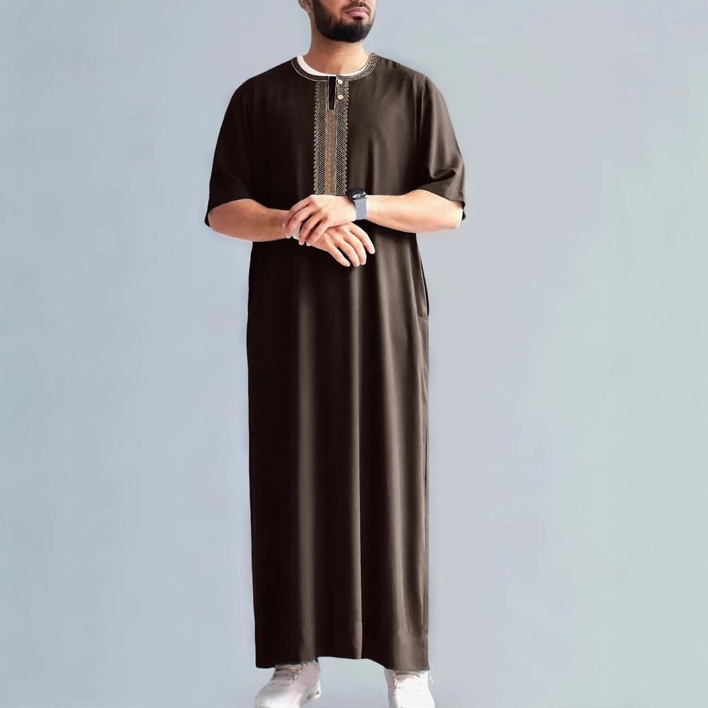 2026 Vintage Muslim Men's Robe Mid-Sleeve Embroidered Ethnic Moroccan Thobe Traditional Islamic Kaftan Loose Comfortable Casual Prayer Gown