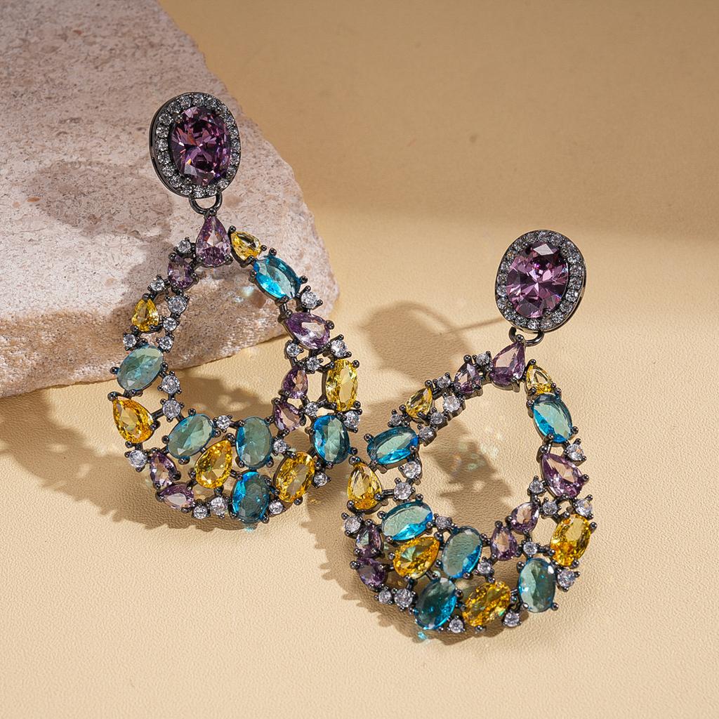 Zircon hollow water drop round colored silver needle earrings retro exquisite earrings