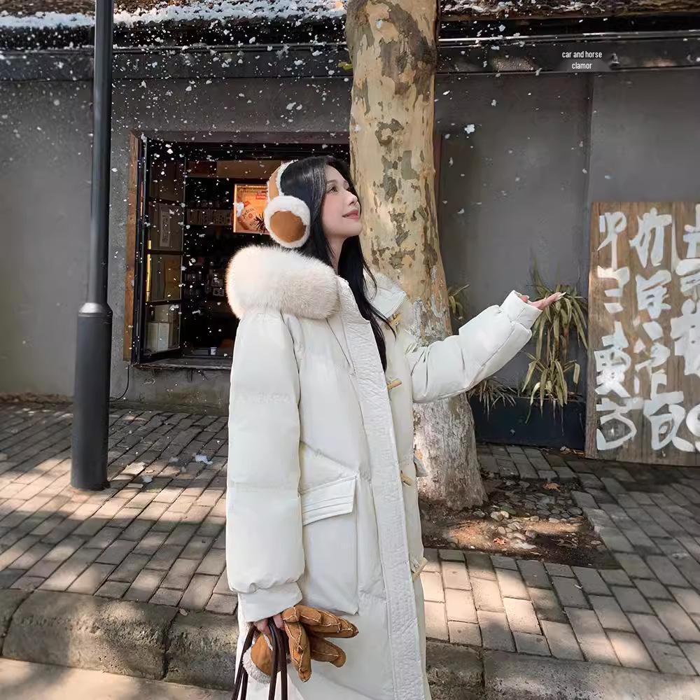 

Women s Hooded Down Coat with Fox Fur Collar and Toggle Closure, Over-Knee Length, 2025 Winter Collection M (65-75 kg) бежевый