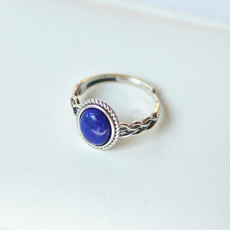Thai Silver Hollow Twist Blue Stone Adjustable Finger Rings For Men Women Fashion New Female Jewelry Gift Party Holiday