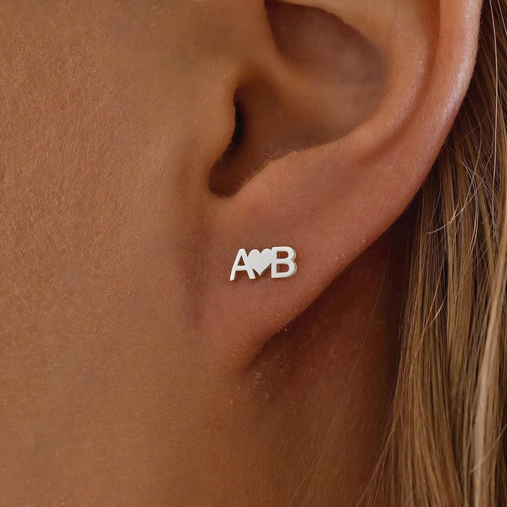 Custom Initial Stud Earrings With Heart Gold Color Stainless Steel Heart Letter Earring Valentine'S Day Gift For Wife Mom