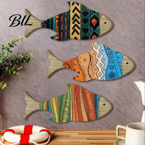 Children Room Wall Art 3 Pcs Wood Fish Nautical Decor Beach Coastal Hanging Bohemian Ornament Rustic Ocean Sculpture for Living Bedroom Dazzling