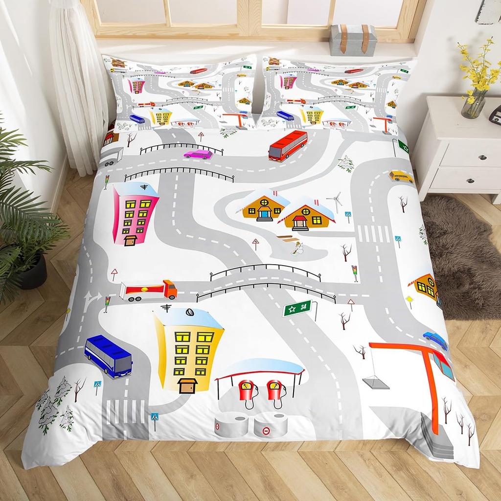 Racing Car Track Duvet Cover Queen for Kids Boys,Construction Vehicle Grey Bedding Set Red Cars Road Traffic Quilt Cover 3 Pcs