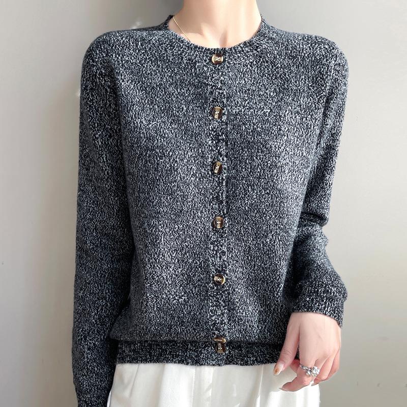 Spring 2025 Retro Velvet Round Neck Knit Cardigan - Space-Dyed Loose Fit for Women
