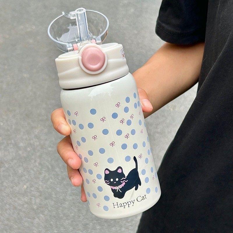 500ml ladies' cute cat pattern insulated cup 316 stainless steel insulated cup  stainless steel water bottle with straw