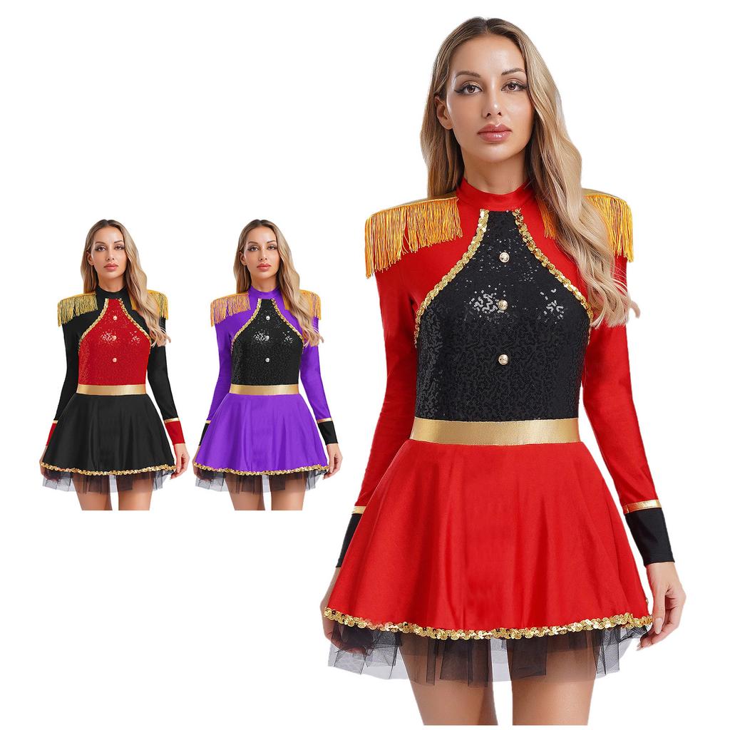 S-XXL Damski Kostium Cyrkowca Body Sukienka Długie Rękawy Frędzle Naszywki na Ramionach Błyszczące Płatki Kostium Cyrkowy Kostium na Halloween