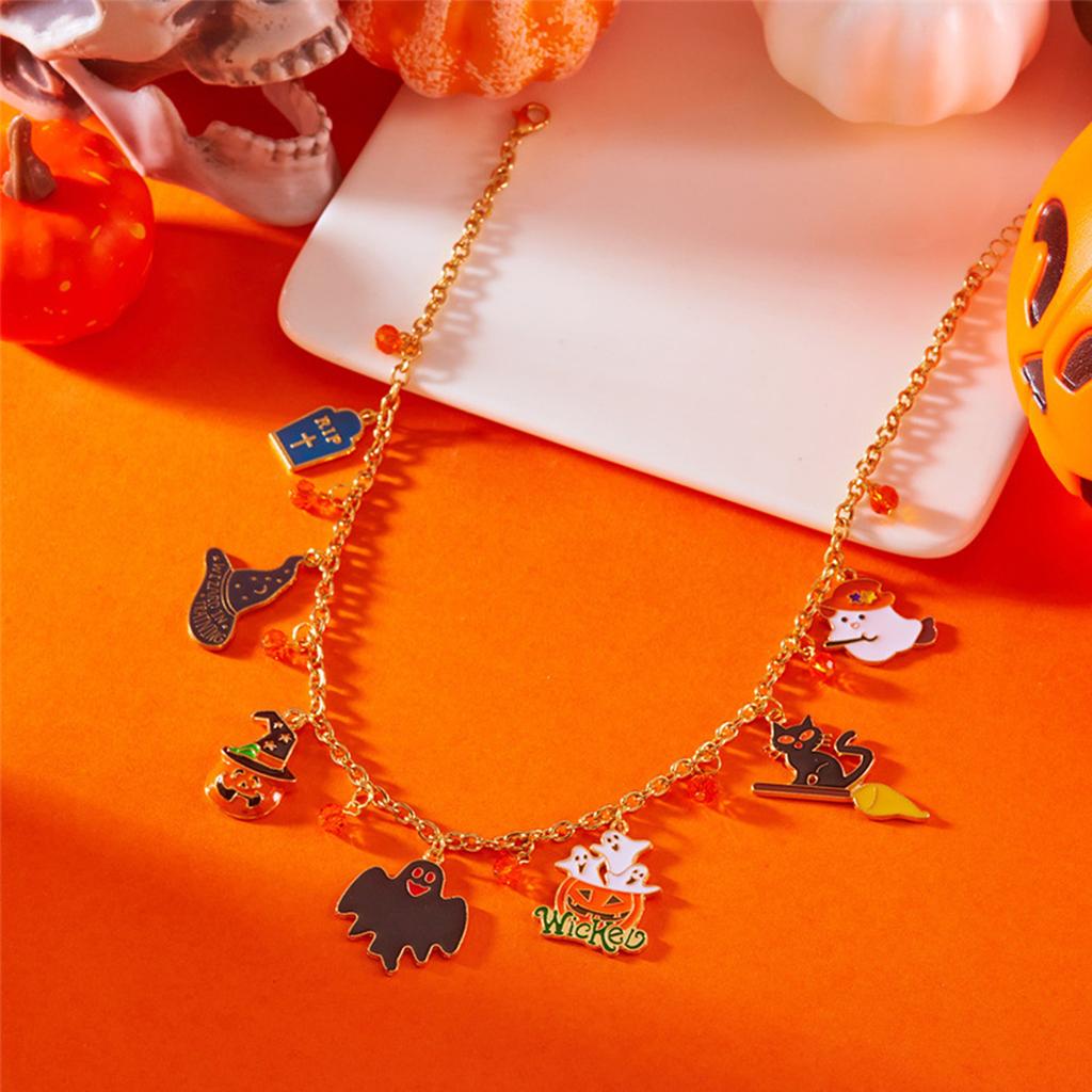 Halloween Enamel Pendant Necklace18K Gold Plated Chain W/ Pumpkin Ghost Bat Charms Adjustable 37cm+5cm Party Costume Jewelry Gif
